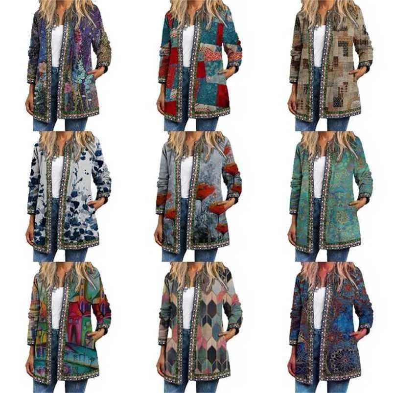 Autumn Winter Cardigan Women's Vintage Ethnic Floral Printed Long Sleeve Tunic Jackets Ladies Loose Outerwear Chic Top Coat 211117