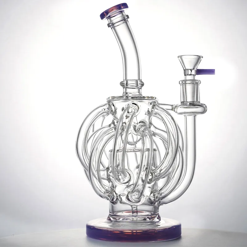 12 Recycler Nargile Tüp Benzersiz Cam Bong 14mm Kadın Ortak Vortex Su Borusu Bükülmüş Boyun Süper Siklon Yağ DAB Rigs