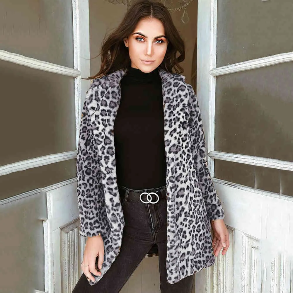 Leopard Plüsch Dicke Strickjacke Wintermantel Umlegekragen Langarm Jacken Elegante Frauen Warme Mantel Sexy Casual Oberbekleidung 210507