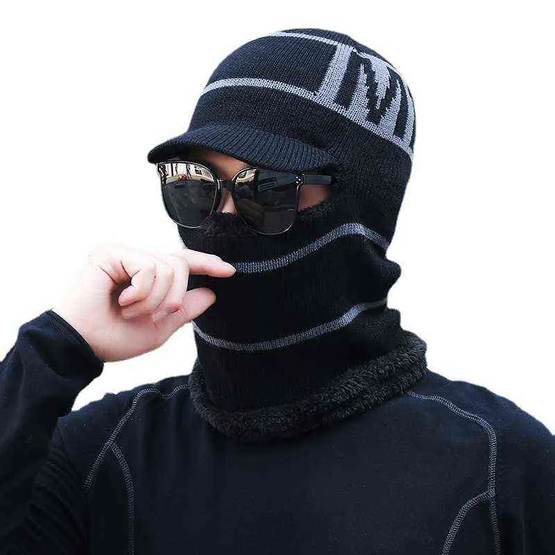 Carta M Máscara Viseira Balaclava Beanie Masculino Plus Veludo Engrossado Inverno Chapéus de Malha para Mulheres Cachecol Quente Windproof Bonnet Cap Y21111