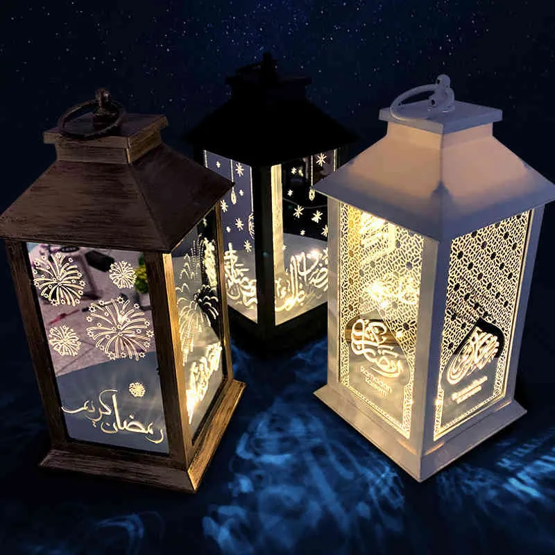 Ramadan Hem 29cm LED Lights Tower Eid Mubarak Islamic Desktop Festival Lantern 2021 Ramadan Kareem Gifts Moon Stars Lampa 210408