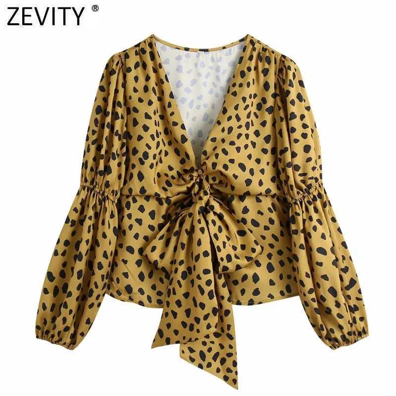 Zevity Women Sexy Deep V Neck Leopard Print Bow Tied Smock Blouse Female Puff Sleeve Kimono Shirts Chic Blusas Tops LS7652 210603