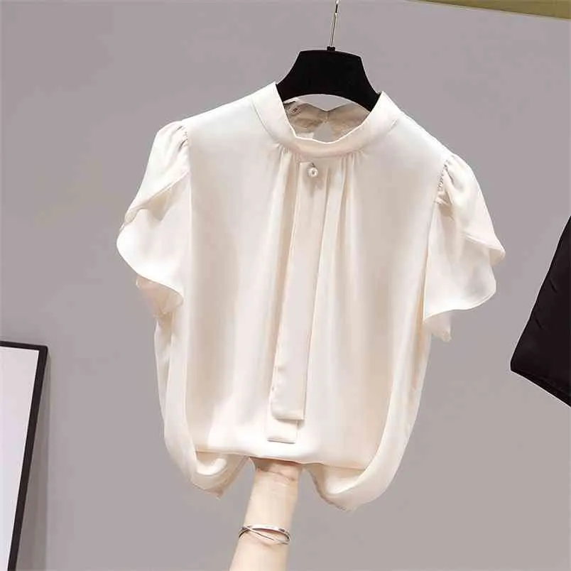Style coréen Summer Femmes Manches courtes Casual Chemises en mousseline de soie Femme Pull Tops Bureau Dames Chemise Blouse 210428