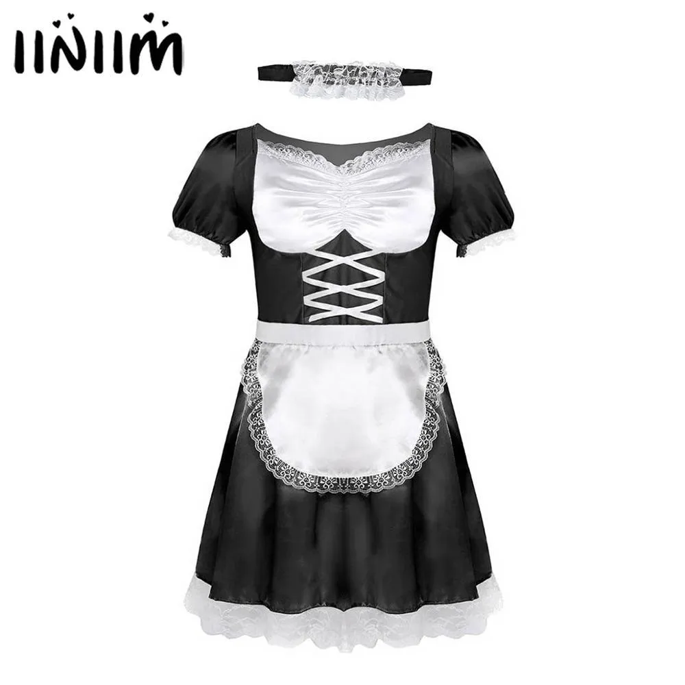 Iiniim Mens Sissyフレンチメイドユニフォームファンシードレスセクシーな面白い衣装クラブウェアパーティーサテンのドレスチョーカーとヘッドバンドL0407