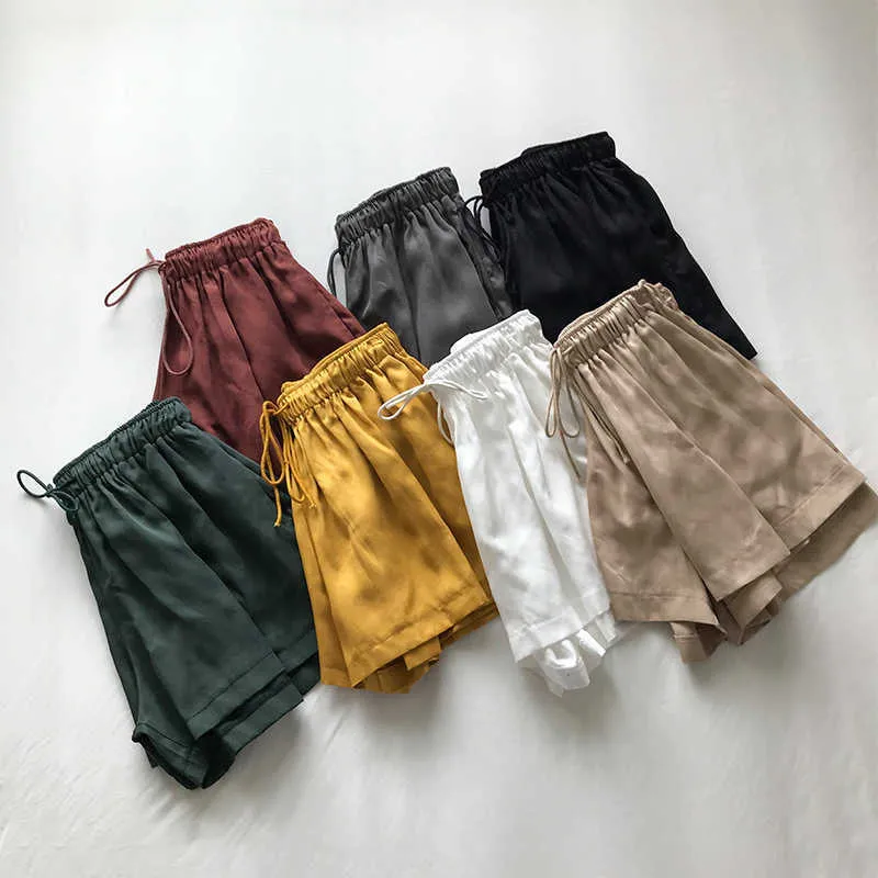 Zomer Shorts Dames Casual Elastische Taille Solid 7 Kleuren Losse Hoge Taille Zwart Korte Femme met Pocket Size S M L XL 210625