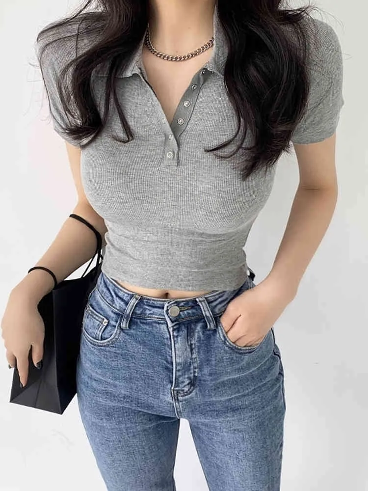 Ribbed Button Crop Top Polos Solid Color Short Sleeve V Neck Ribbed Button Crop Top Polos Solid Color Short Sleeve V Neck