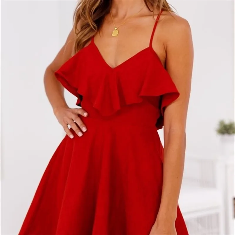 Yaz Seksi Elbise kadın Backless Çapraz İpli Ruffles Paket Bel V ​​Yaka Kayışı Mini Kırmızı Vintage 210607