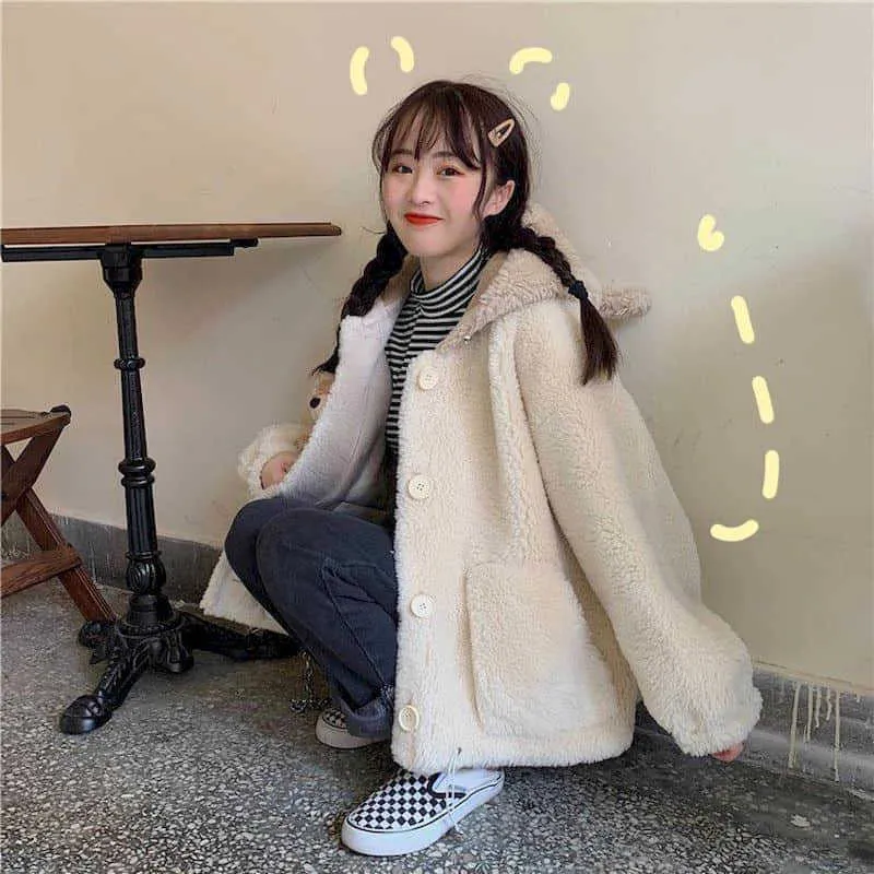 Cute women's coat female jacket winter bear ears tail girl imitating lamb wool cute loose wild women Keep warm 210526