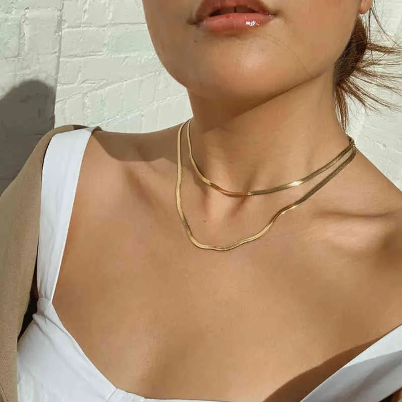 Charm Women Snake Chain Choker Necklace Stainless Steel Gold Silve Color Flat Herringbone Chokers Link for Girls 4mm Y0420