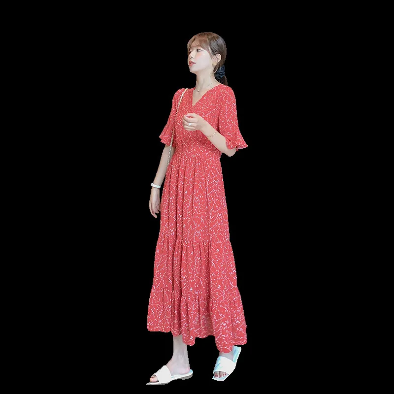 Sommar damer klänning utskrift midja slimming täcke mage big swing lång kjol blommig elegant vestidos 210514