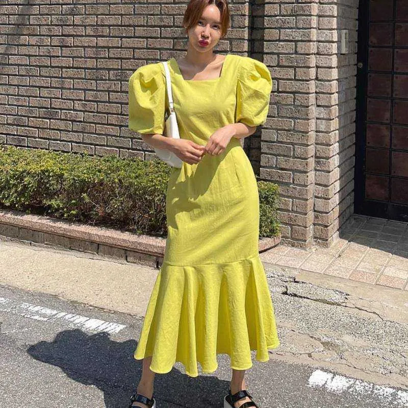 summer Korean Vintage Elegant Solid Women Fishtail Dress Fashion Slim Backless Puff Sleeve Dresses 210531