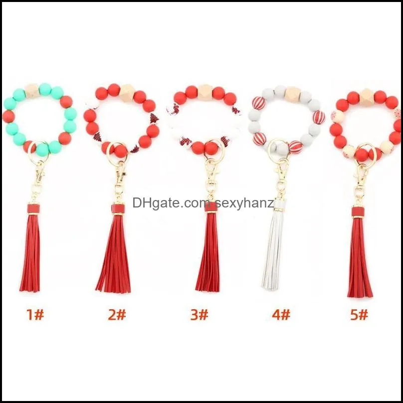 Silicone Bead Bracelets Beech Tassel Key Chain Pendant Wooden Bead Bracelet Women`s Jewelry Party Favor GWA10356