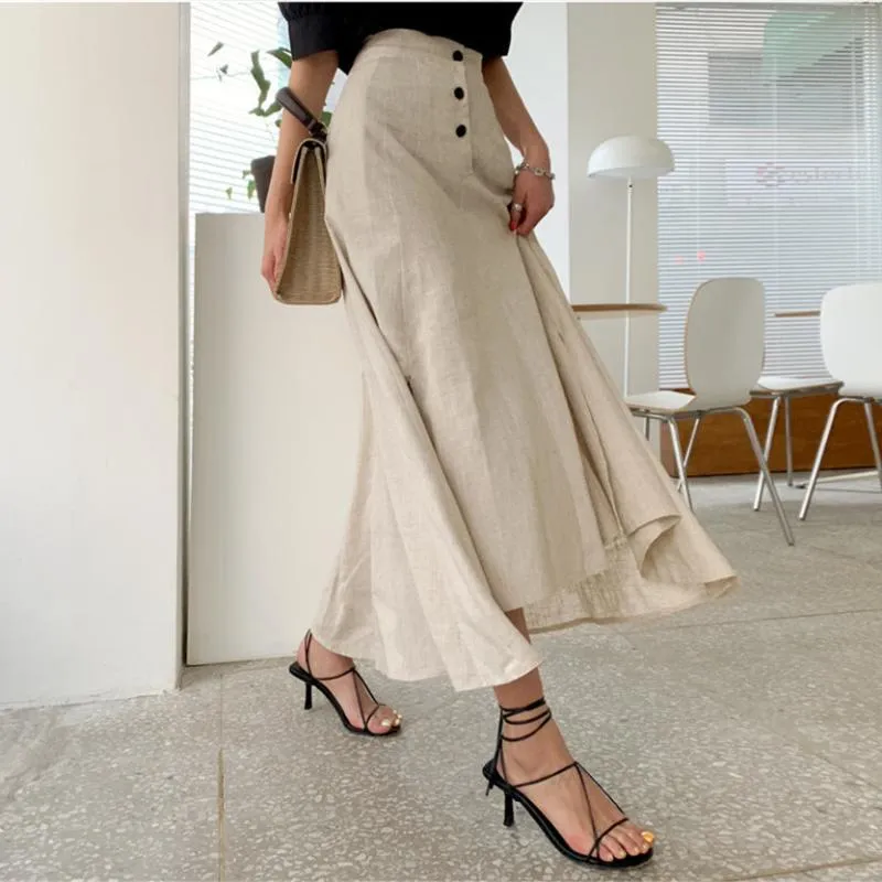 韓国のコットンラインロングスカート女性ハイウエストビッグスイングスプリットサマースカートビンテージボタン不規則なMidiスカート