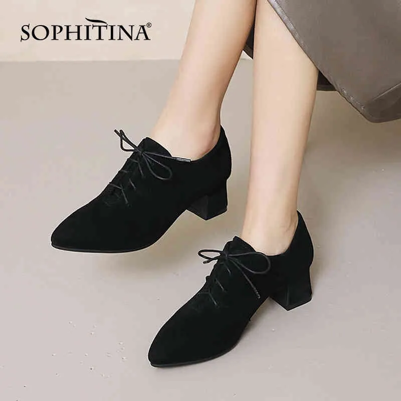 Sophitina British Style Kvinnors Oxford Skor Tjock Heel Shoes Cross Strap Casual Suede Pekad Toe Deep Mouth Kvinna Pumps AO251 210513