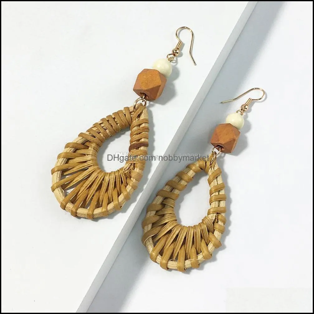 Handmade Rattan Knit Drop Dangle Earrings Women Wood Beads Long Statement Earrings Bohemian Jewelry Female