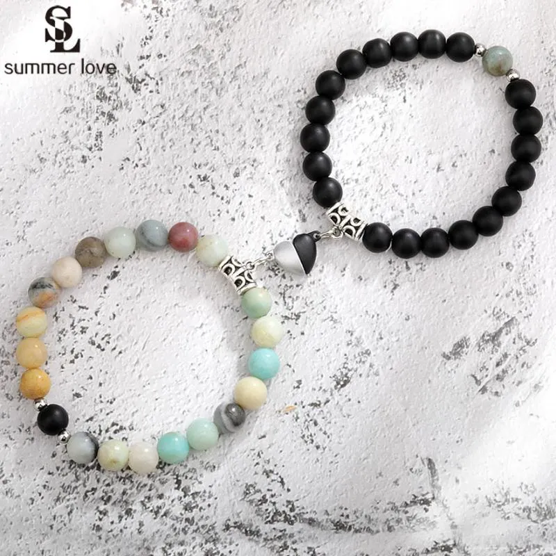 Beaded, Strands 2pcs Natural Stone Beads Bracelet Set For Women Men Attractive Distance Heart Magnetic Bracelets Friendship Couple Jewelry 2