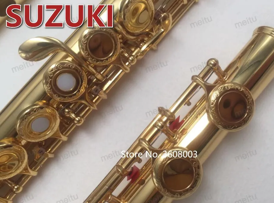 SUZUKI Intermediate Gold Plated Flute Professional Engraved Floral Mouthpiece Designs C Key Flutes 17 Holes Open Holes