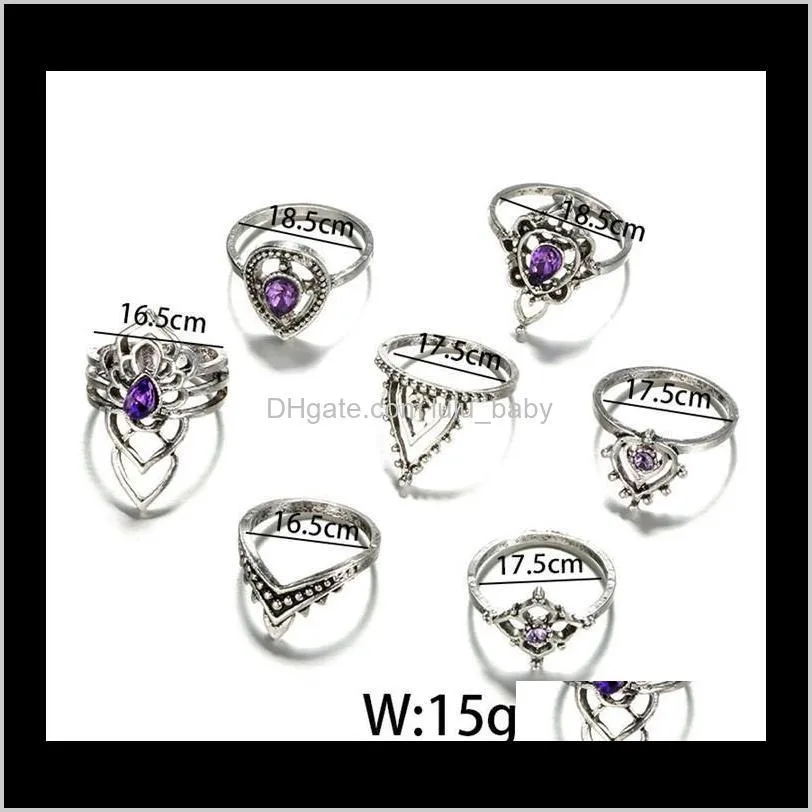 vintage purple crystal hollow flower midi finger rings set 7pc mix style antique silver knuckle fashion stacking ring haldway fine