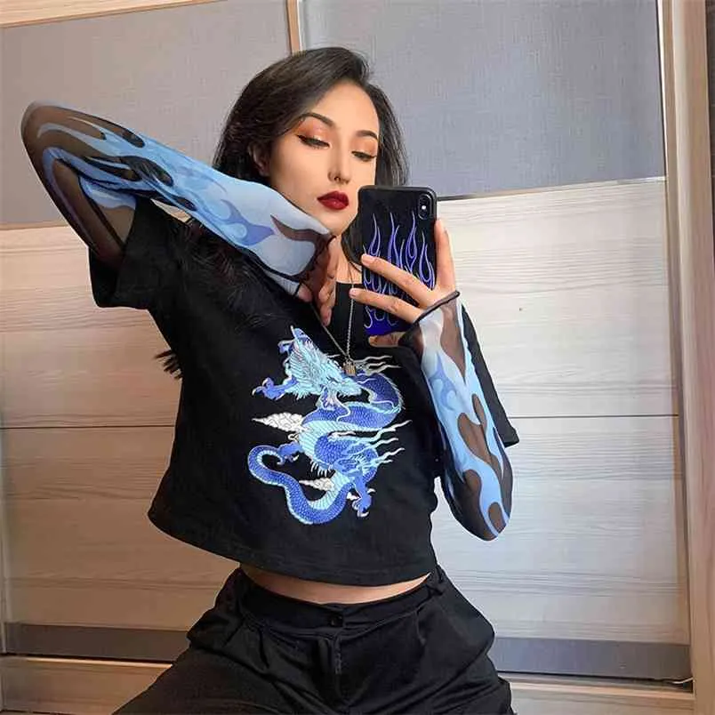 Dragon Print Y2K T-Shirts Patched Mesh Long Sleeve Fashion Women Harajuku Summer Crop Top Tops For Girls Black Tees Shirt 210510