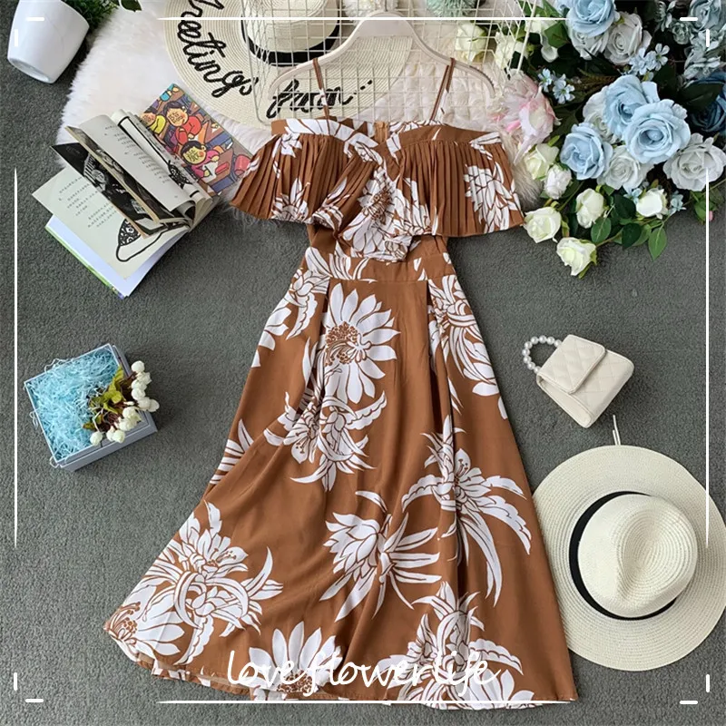 Estate Bohemian Stampa Dress Donne A-Line Ruffles Abiti Vestidos Vita alta Slash Neck Dresses Sexy Robe Femme 210521