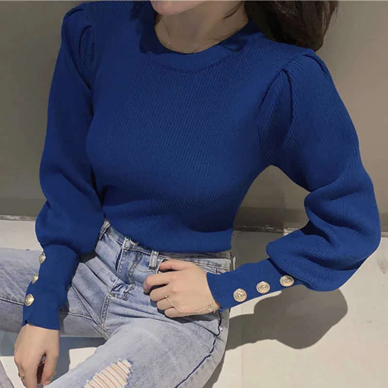 Lucyever O-neck Lantern Sleeve Women Pullovers 2021 New Korean Style Blue Knitted Sweaters Woman Elegant Jumper Tops for Ladies X0721