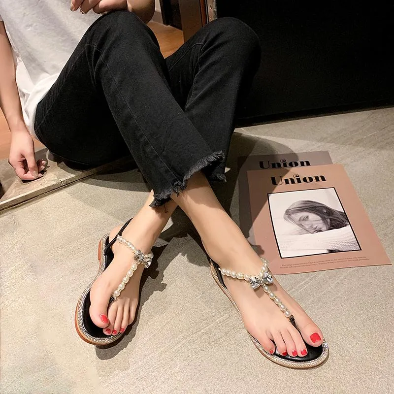 Basit Stil 2021 Sandalet Toe kadın Ayakkabıları Nazik Rhinestones Hamile Kadınlar Inci Düz Kadın