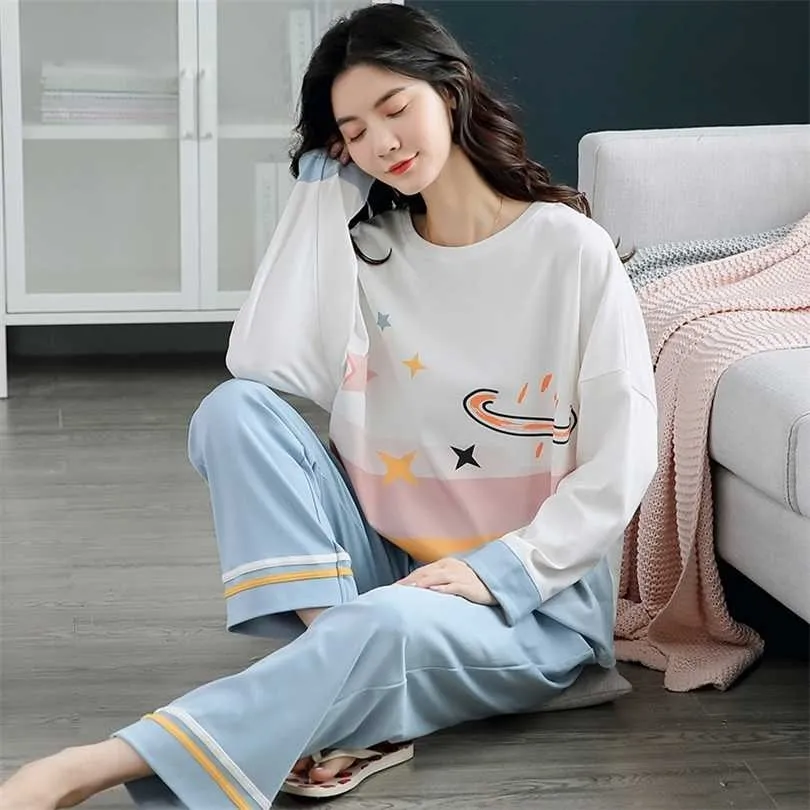 Autumn Winter Cotton Cartoon Pajamas Set Women Pyjamas Homewear Long sleeve Sleepwear Plus size Loose Night suit Female Pijama 211215