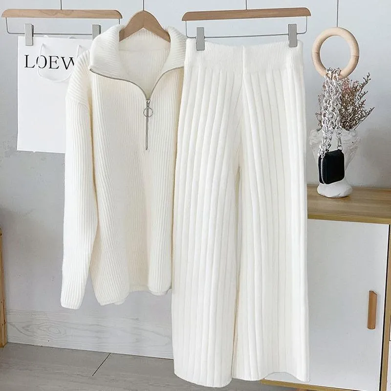 Pantalon deux pièces pour femmes tricoté à jambes larges et pulls survêtement automne hiver décontracté solide blanc à manches longues pulls femme 2 pièces ensemble