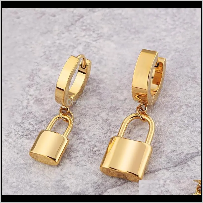 korean fashion titanium steel lock earrings stainless steel gold plated pendant earrings and earrings for men and women