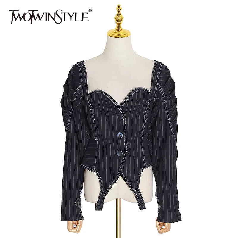 Casual Striped Coats Women Square Collar Puff Long Sleeve Tunic Short Jacket Female Fashion Spring Clothes 210524