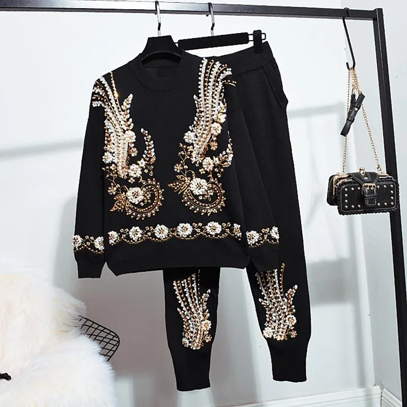 Women's Two Piece Pants Autumn Fashion Beading Embroidery Knitted Tracksuit Set Women Loose Black Gray Knit Pullover Sweater Pencil Outfits