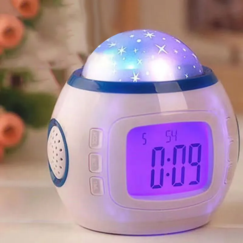 Musica Cielo stellato Orologio digitale Proiezione a LED Luce notturna Proiettore che cambia Sveglia Calendario Regali per bambini