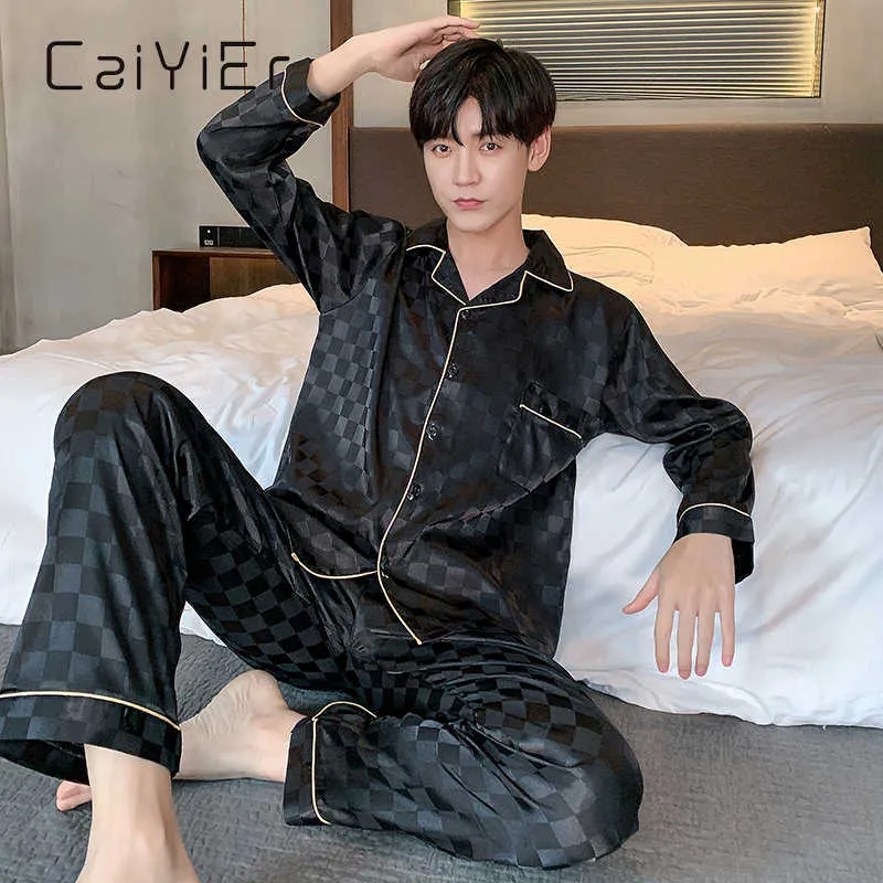 CAIYIER Autumn Men's Silk Pyjamas Set Long Sleeve Trousers Plaid Sleepwear High Quality Satin Home Wear Luxury Men's Nightwear 211019