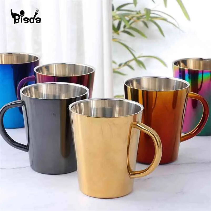 Taza de café de acero inoxidable de 300 ml, taza de leche portátil con asa, tazas de arcoíris de doble pared, vaso de viaje, tazas de té de la leche 210804