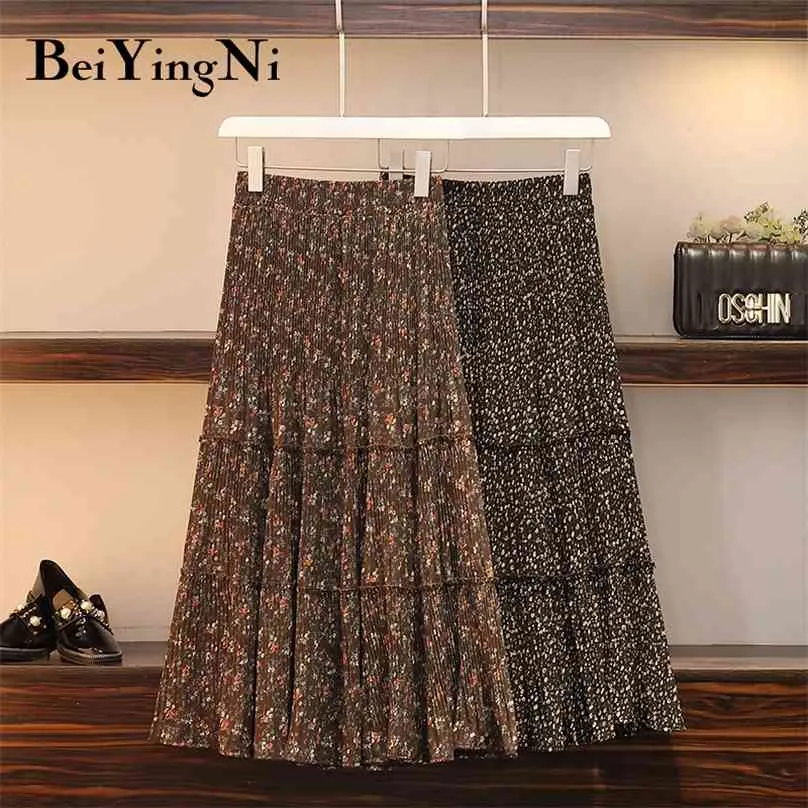 Beiyingni High Waist Kjol Kvinnor Vintage Blommor Tryckt Casual Koreansk XL-4XL Kjolar Dam Fashion Maxi Retro 210629