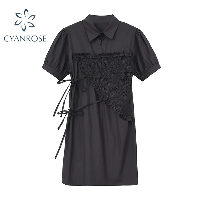 Vintage Lace Up Noir Mini Robe Femmes Été Élégant Lanterne À Manches Courtes Robe Femme Mode Casual Vêtements À Volants 210515