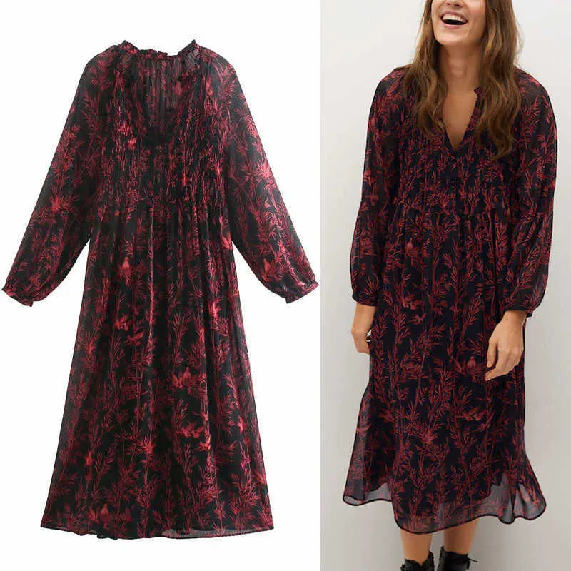 Za Flowy Imprimir Midi Dress Mulheres Vintage Longo Sleeve Sleeve Sleeve Vestidos de Fashion Fashion Inner Forro Elegante Vestido 210602