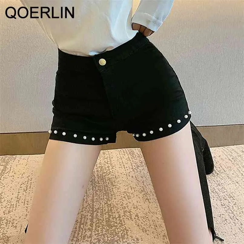 Summer Beach Black Pearl Beaded Denim Cotton Sexy Slim Shorts Solid Low Waist Women Bodycon Plus Size Jeans 210601