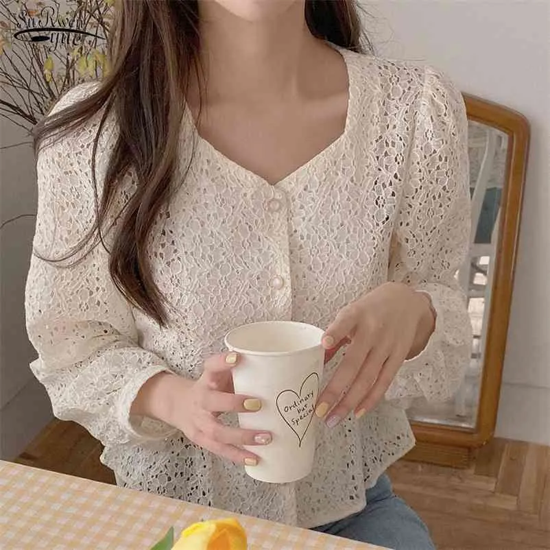 Korean Clothes Vintage Slim Long Sleeve Top Sweet Wild V-neck Women's Blouse Hollow Out Lace-up Lace Shirt Female Blusas 13100 210521