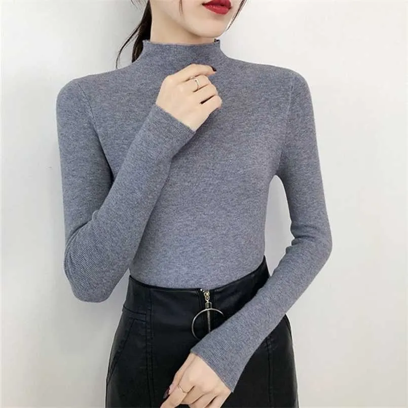 Mujeres Sólido Medio Cuello alto Punto Jerseys Suéteres Causal Otoño Invierno Primer Camisa Manga larga Slim-fit Tight Jumper Tops 211103