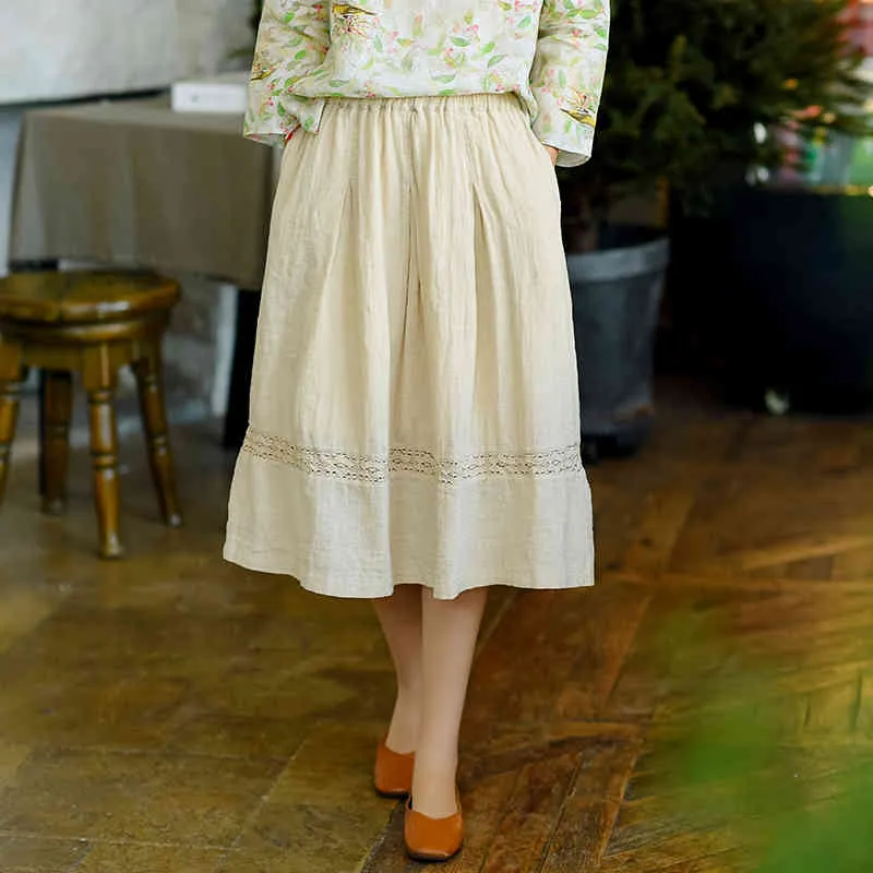 Johnature Women Vintage Bomull Linen Kjolar Elastisk Waist Broderi Solid Färg Kläder Sommar Casual Kvinnor A-Line Skirts 210521