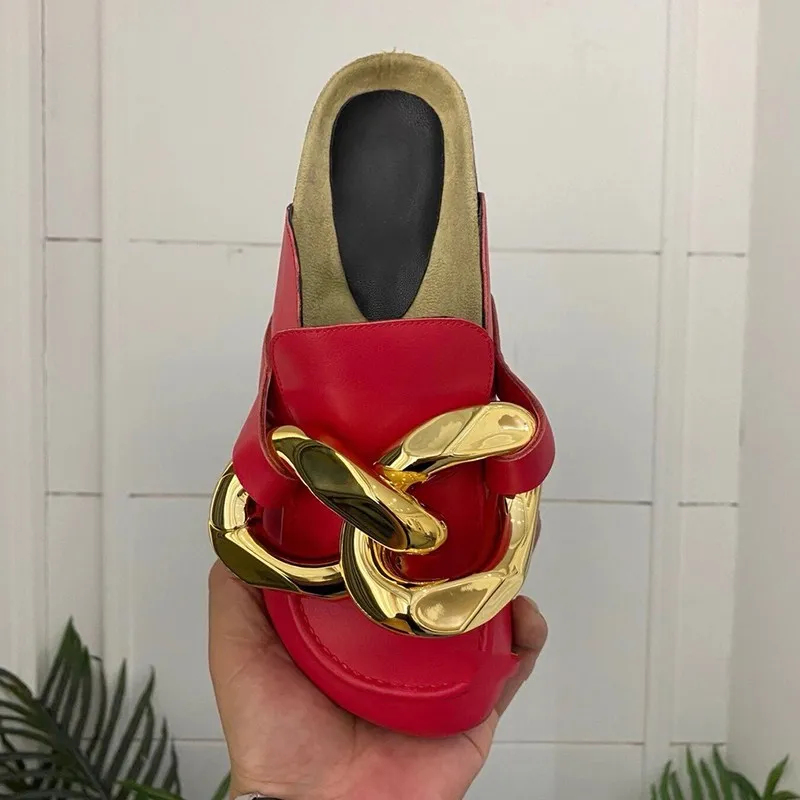 Gold Chains Slippers Genuine leather Flip Flops Flat heel Muler Slides Women Loafers Sandals with box