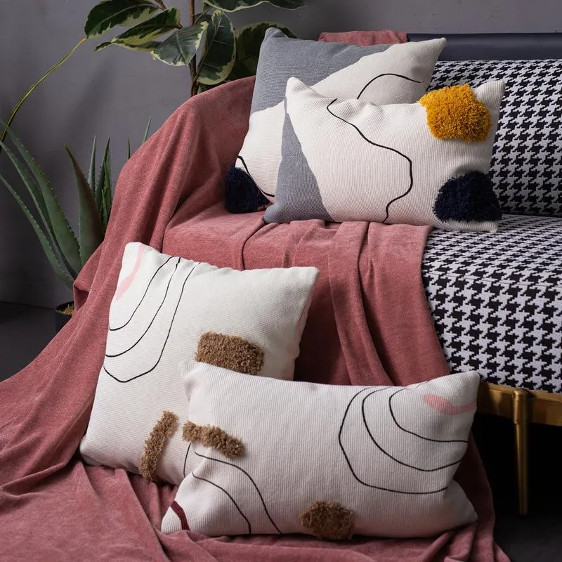 Cotton Woven Tufted Pillowcase Abstract Line Home Handmade