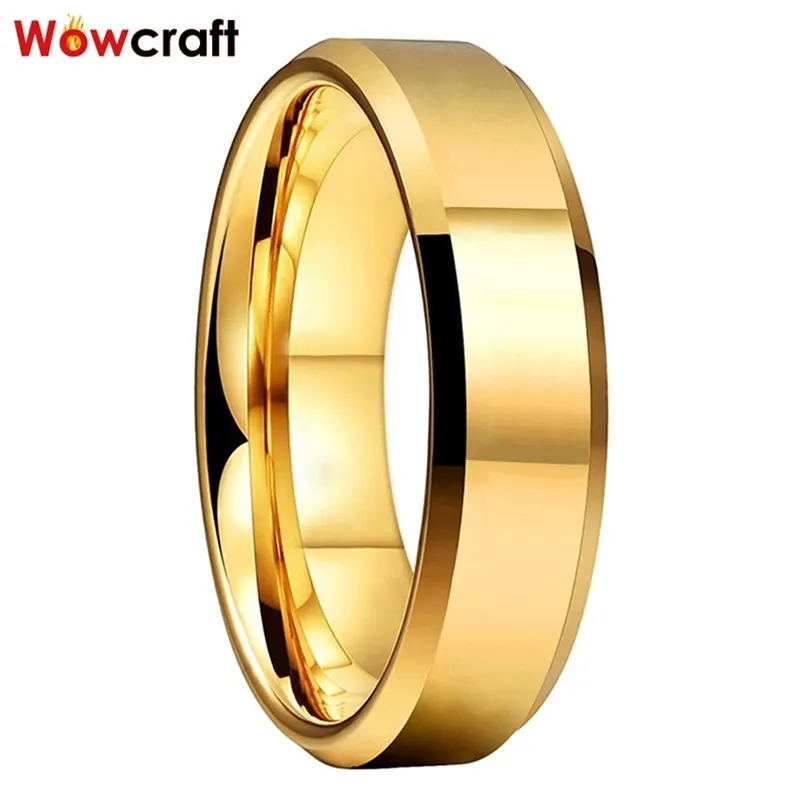 Wowcraft jóias 6mm ouro tungstênio tungstênio anéis de carboneto para homens mulheres faixa de casamento polido bordas chanfadas brilhantes livres de gravura 211217