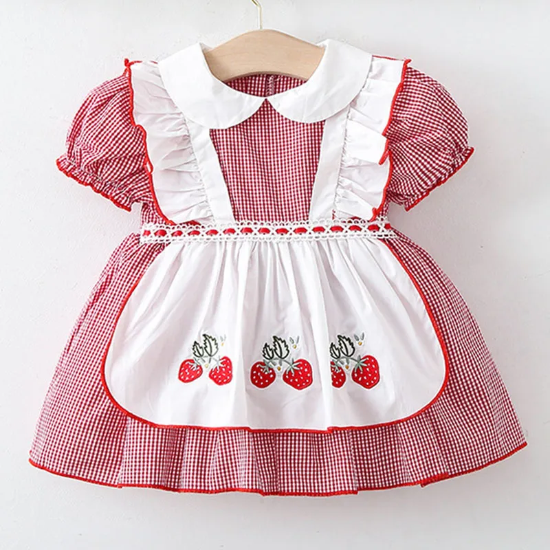 Summer Baby Girls Short Sleeve Strawberry Grid Dresses Children Kids Girl Princess Clothing 210429