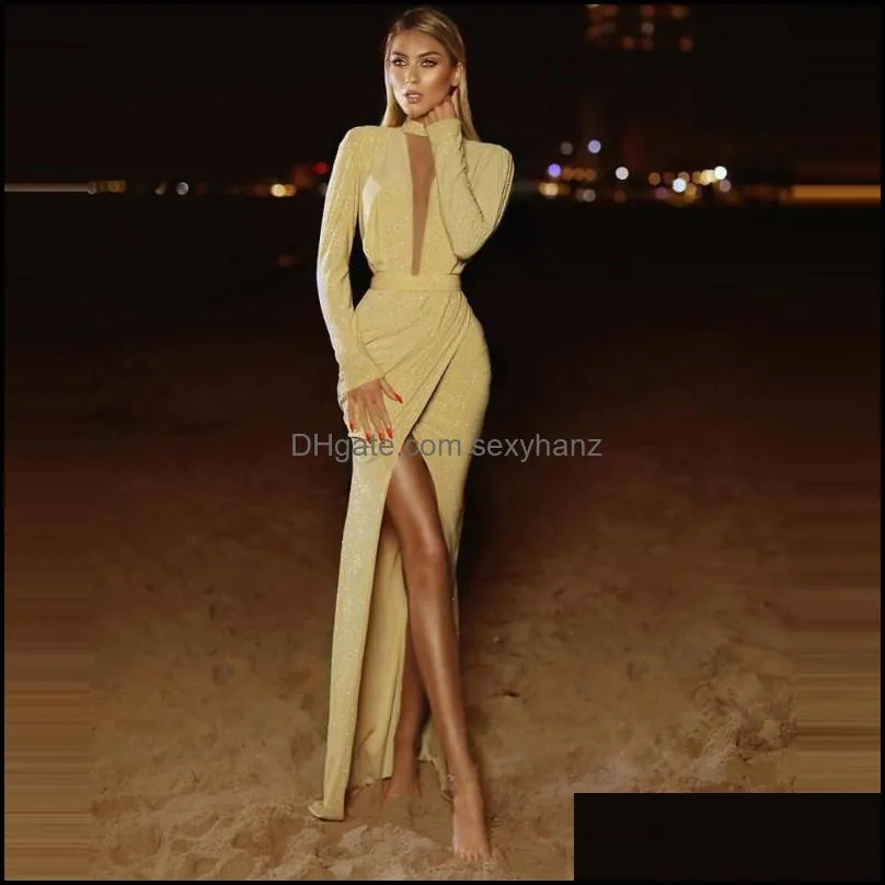 Party Dresses Arabic Evening Dress Abendkleider Bling Gold Long Sleeves Halter Neck High Slit Open Back Saudi Arabia Sexy Gowns