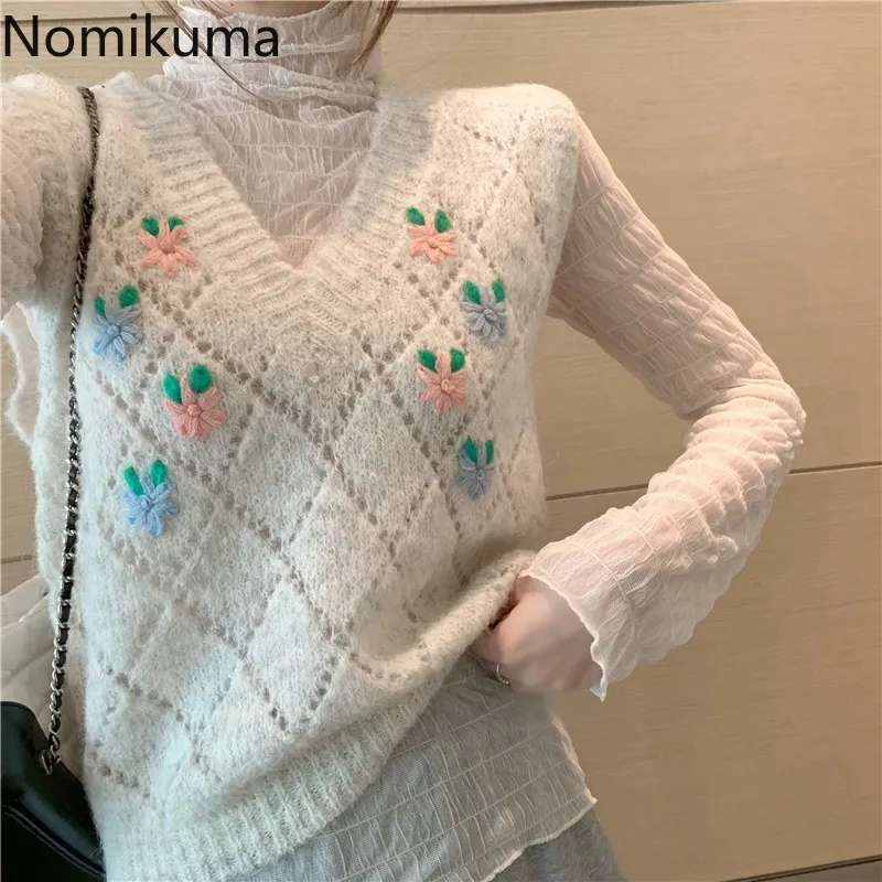 Nomikuma Flower Haft Sweter Kamizelka Kobiety V Neck Bez Rękawów Dzianiny Talii Płaszcz Kobieta Casual Sweet Pullover Kurtki Chic 210514