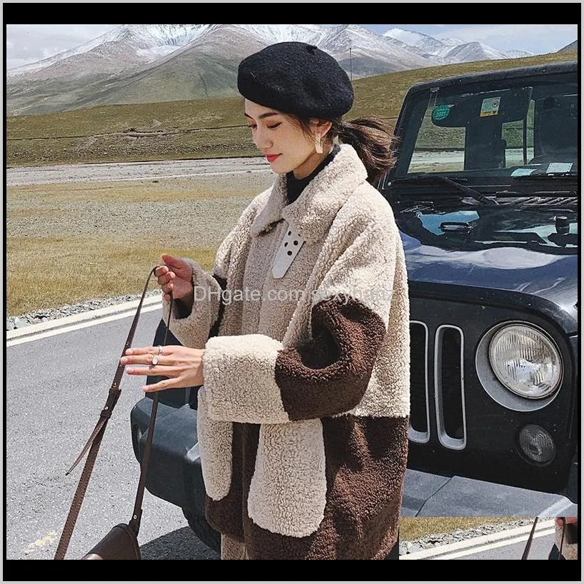 unua amo winter lambswool jacket female warm loose casual fashion hit color spliced high quality faux fur coat women le00271a