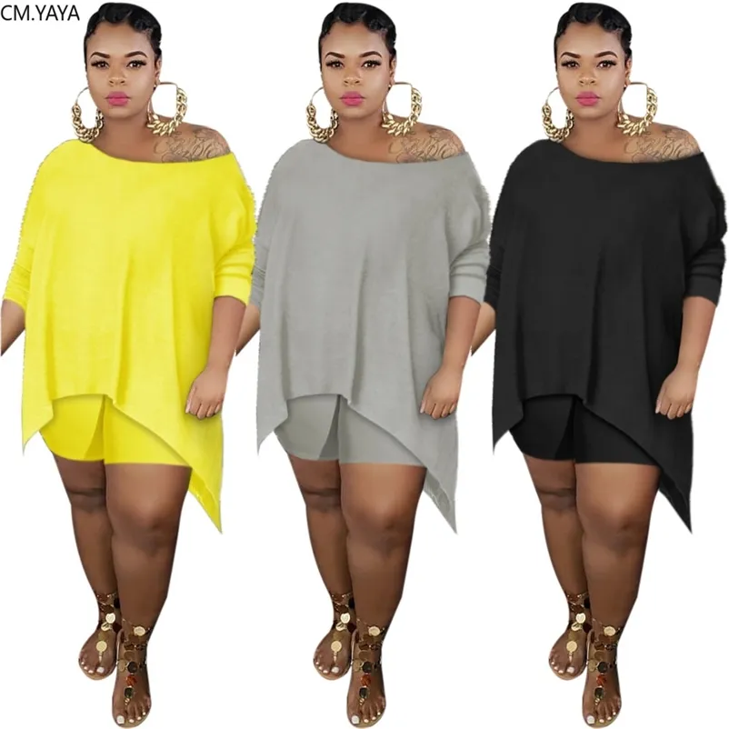 CM.YAYA Plus Size S-4XL Damen Set Off Shoulder T-Shirt Shorts Jogger Hosen Trainingsanzug Passendes Set Zweiteiliges Set Fitness Outfit 210727