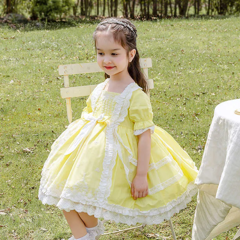 Baby Spanish Yellow Dress Summer Girl Lolita Ball Gown Infant Lace Bow Dresses Girls Ramadan Eid Birthday Party Clothes 210615